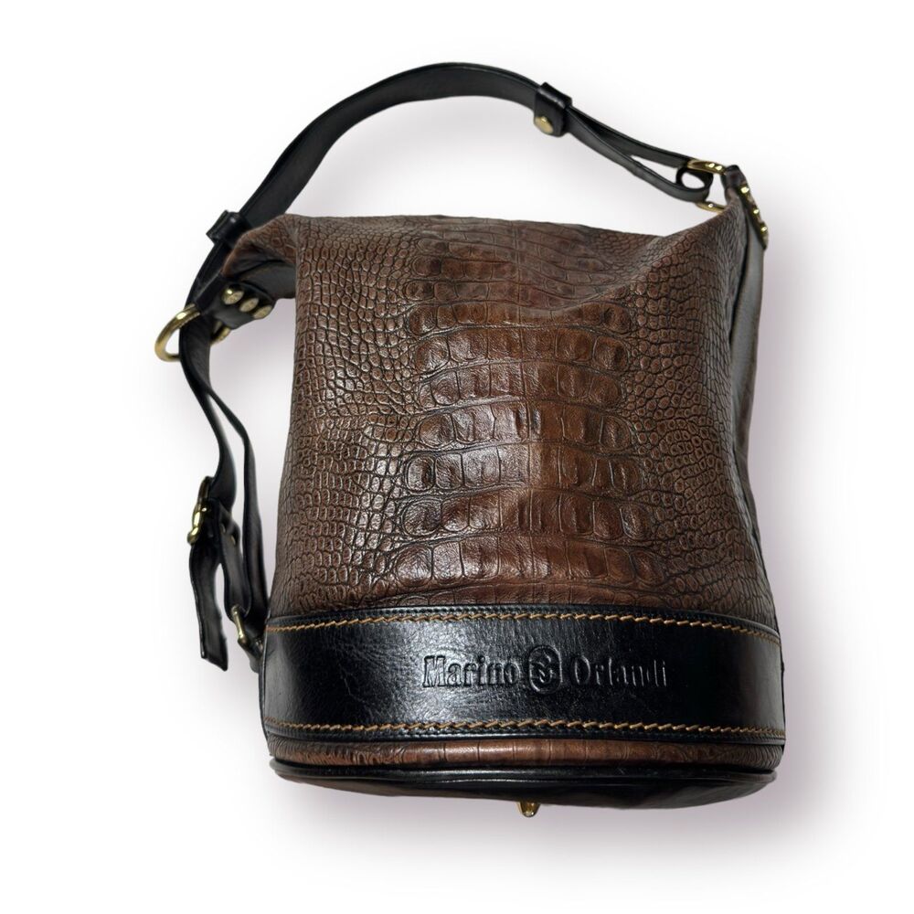 Marino Orlandi Leather Bucket Bag Croc Embossed‎ Leather Dual Sling Tote Vintage